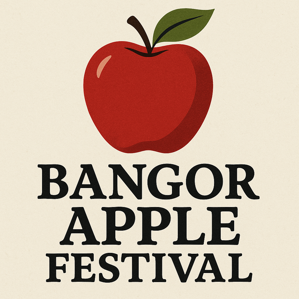 A vibrant red apple with a green leaf is prominently featured at the top of the image. Below the apple, the text reads "BANGOR APPLE FESTIVAL" in bold, black letters. The background is a light beige color, creating a warm and inviting aesthetic.